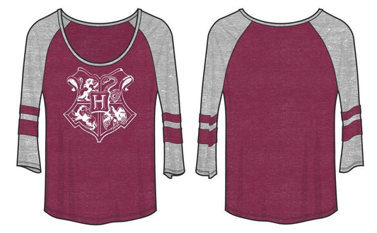 HARRY POTTER - Hogwarts Raglan With Sleeve Strips Juniors Red/Grey Tee (Medium)