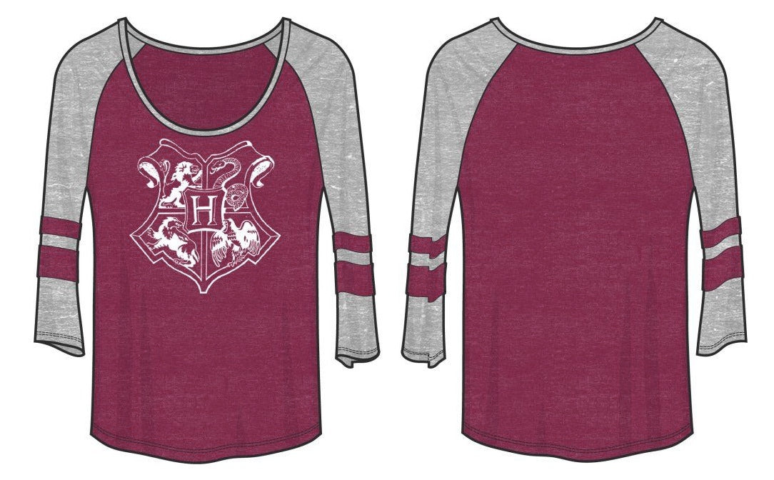 HARRY POTTER - Hogwarts Raglan With Sleeve Strips Juniors Red/Grey Tee (Small)